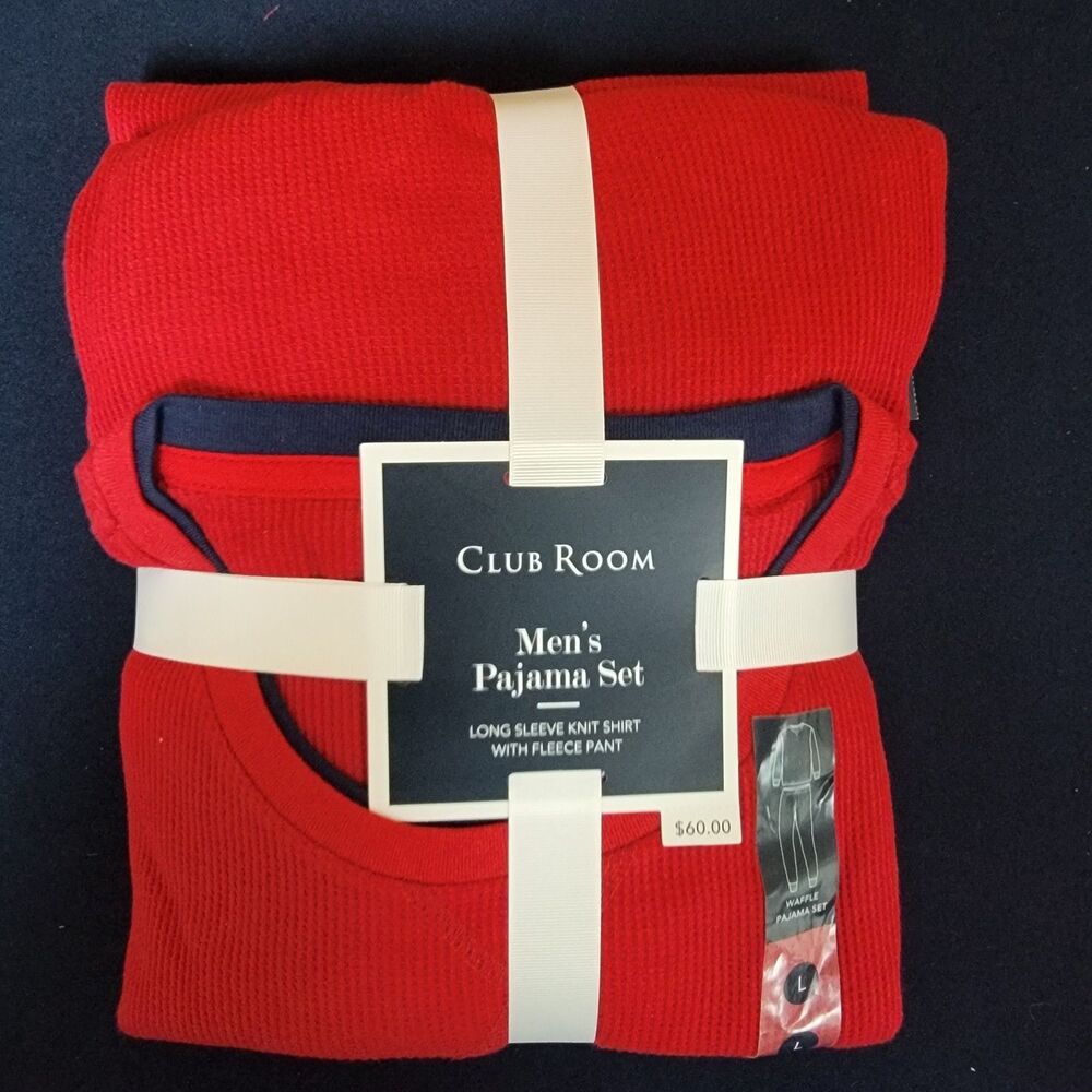 Club Room Men's Waffle Red Solid Blue Trim Top & Pants 2-Pc Pajama Set Size L